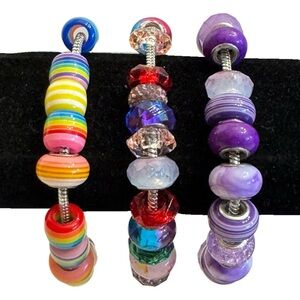 SILVERTONE EUROPEAN CHARM SLIDE BRACELETS Lot of 3 Multicolor Rhinestones